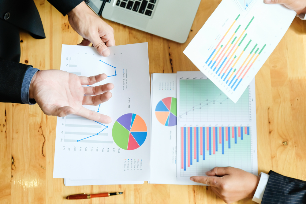 Mitarbeiter analysieren Finanzdaten und Diagramme im Rahmen des Finanzcontrollings bei Docmedicus IT