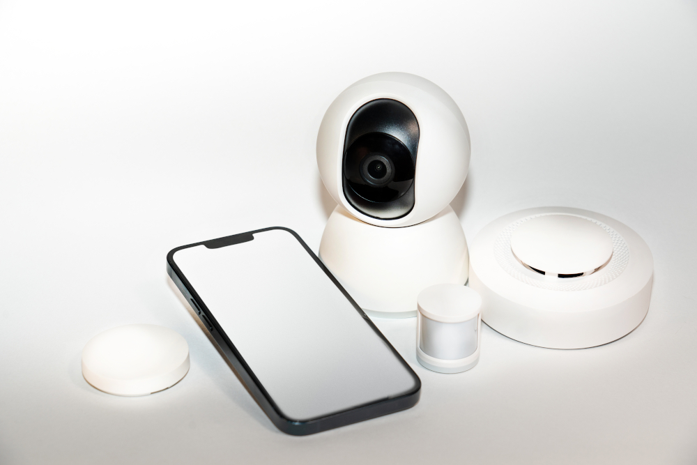 Smart-Home-Sicherheitskamera mit Bewegungsmelder und Smartphone – Symbol für moderne IT- und Sicherheitssysteme.